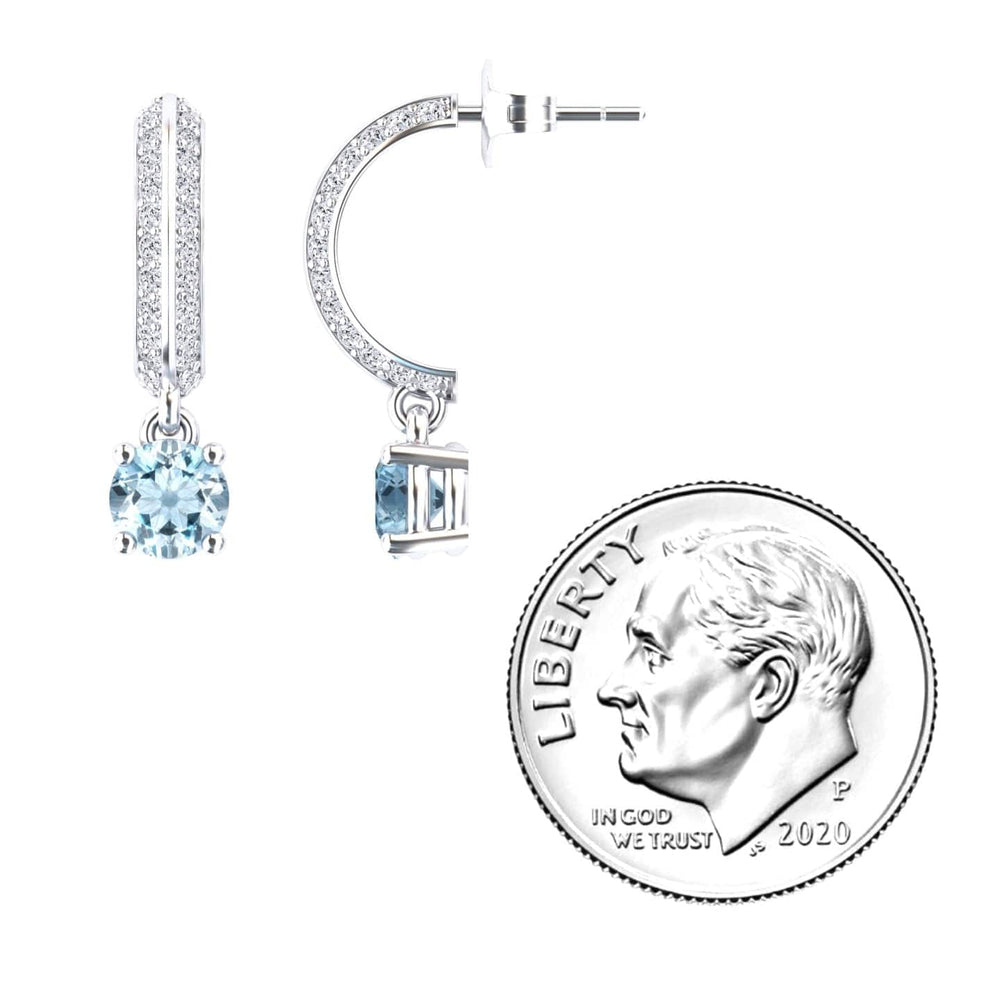 Round aquamarine and diamond pave drop hoop earrings in 14k white gold, view 2