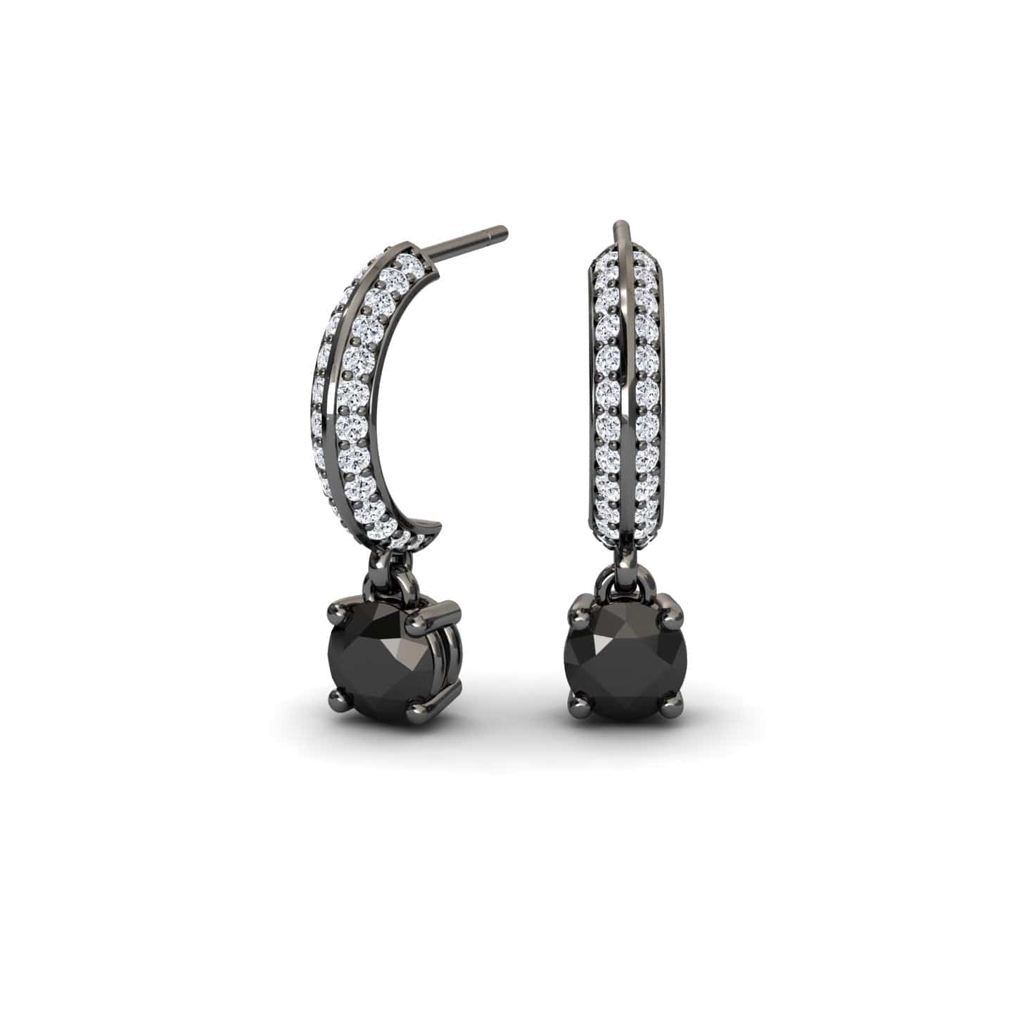 The Serena Black & Diamond Pave Drop Hoop Earrings feature black metal hoops with small clear gemstones and a single round black gemstone dangling from each.