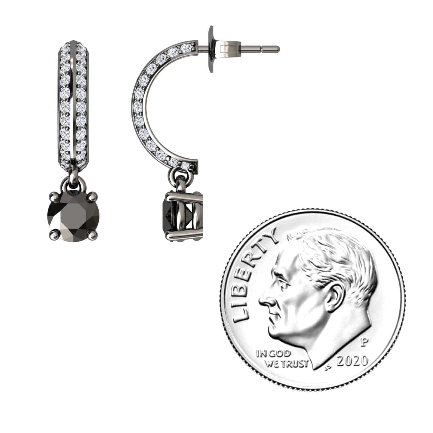 The Black & Diamond Pave Drop Hoop Earrings - Serena, featuring black stones and clear crystals, are shown beside a 2020 US dime for size comparison. These small hoops offer a modern, sparkly design.