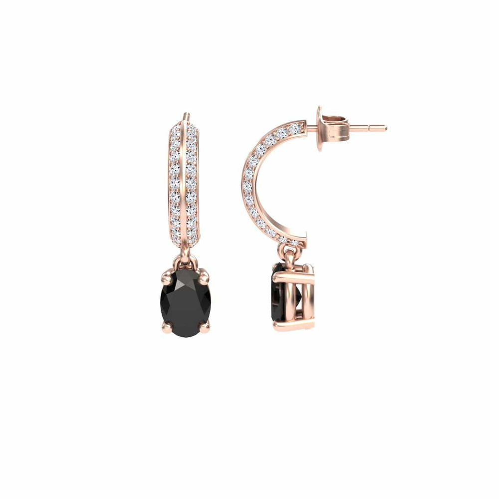 Oval black and white diamond huggie drop earrings in 14k rose gold, view 2