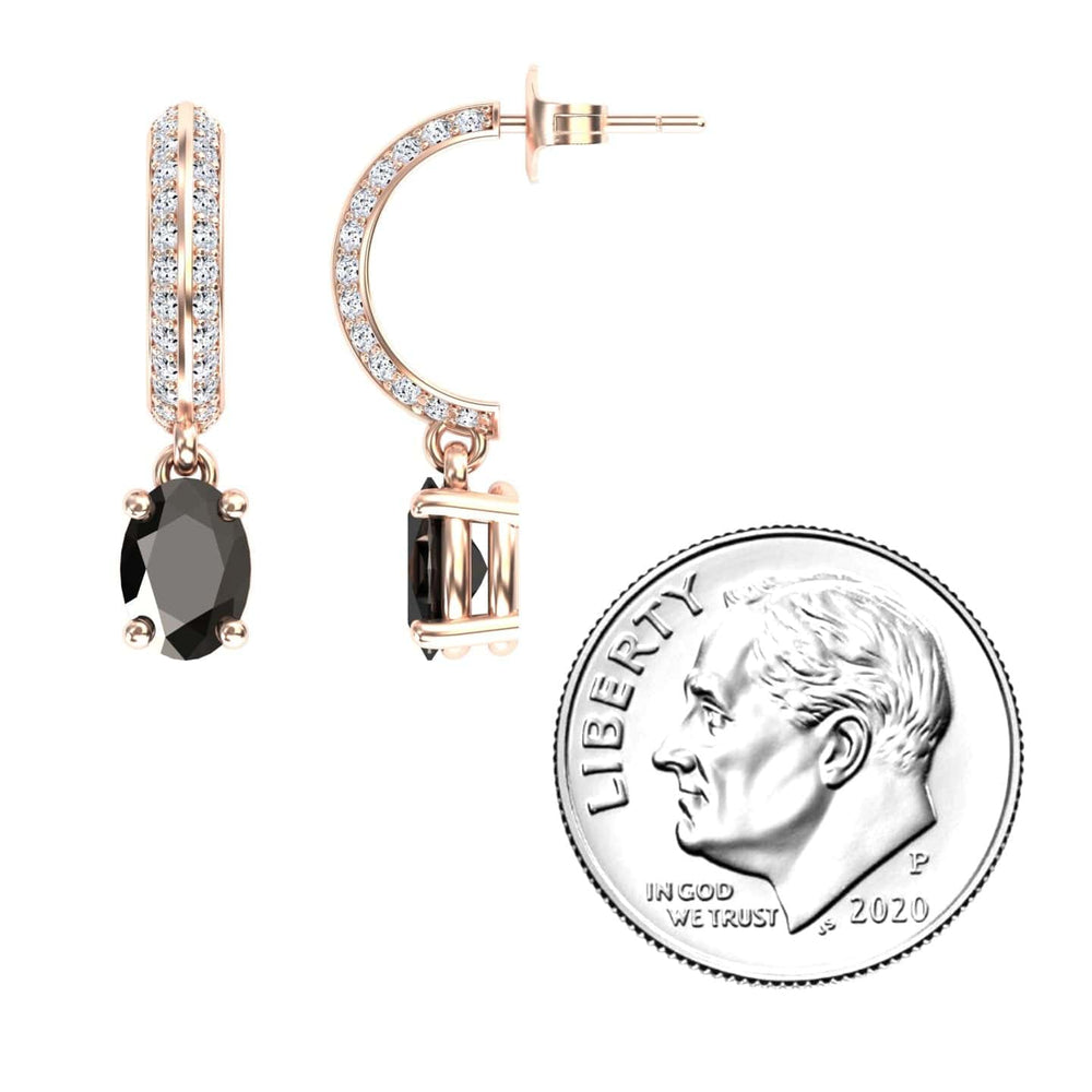 Oval black and white diamond huggie drop earrings in 14k rose gold, view 3
