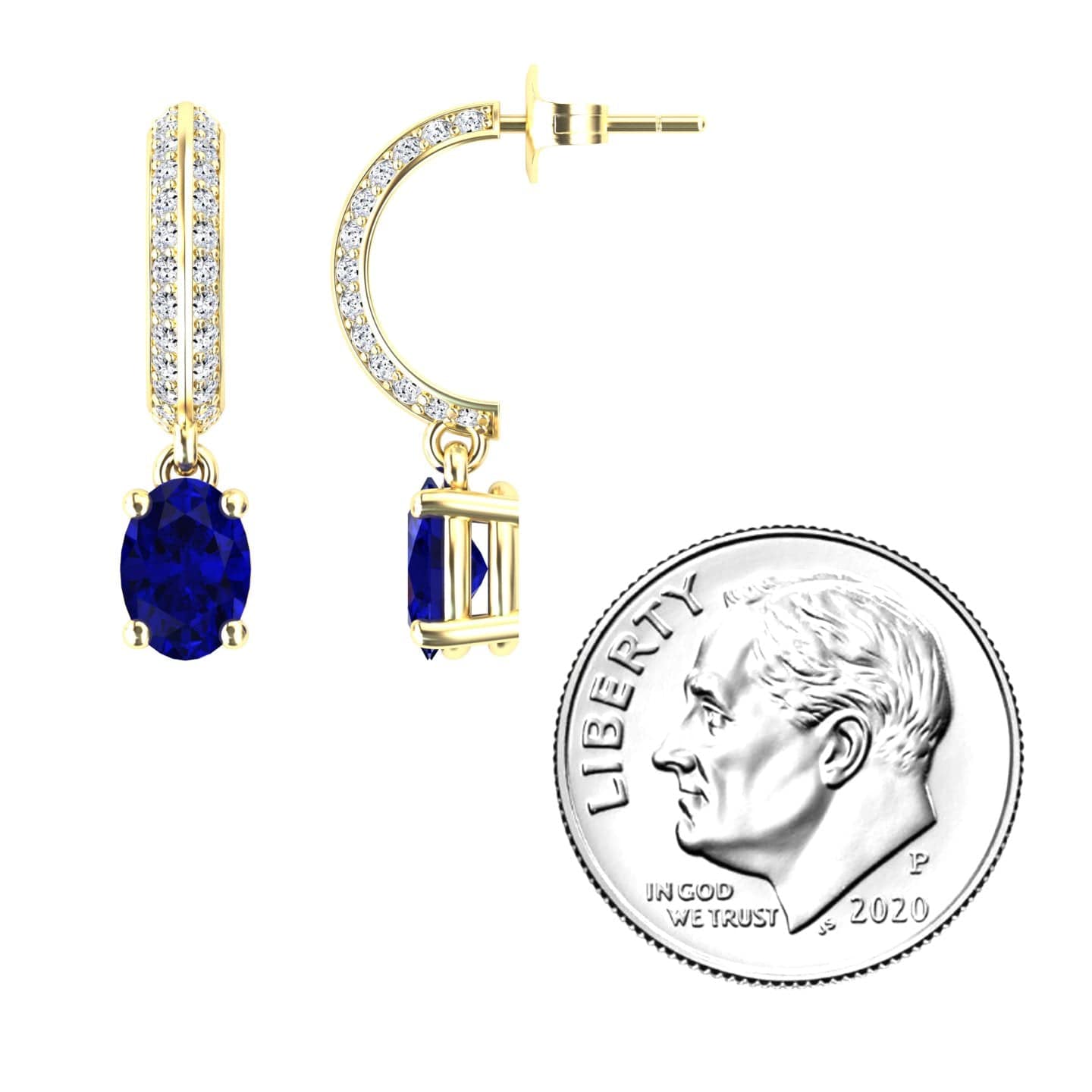 Blue Sapphire & Diamond Huggie Drop Earrings - Serena, featuring small clear diamonds and blue oval sapphires, shown beside a 2020 U.S. dime for scale. One earring is front-facing, the other side-facing to display design details.