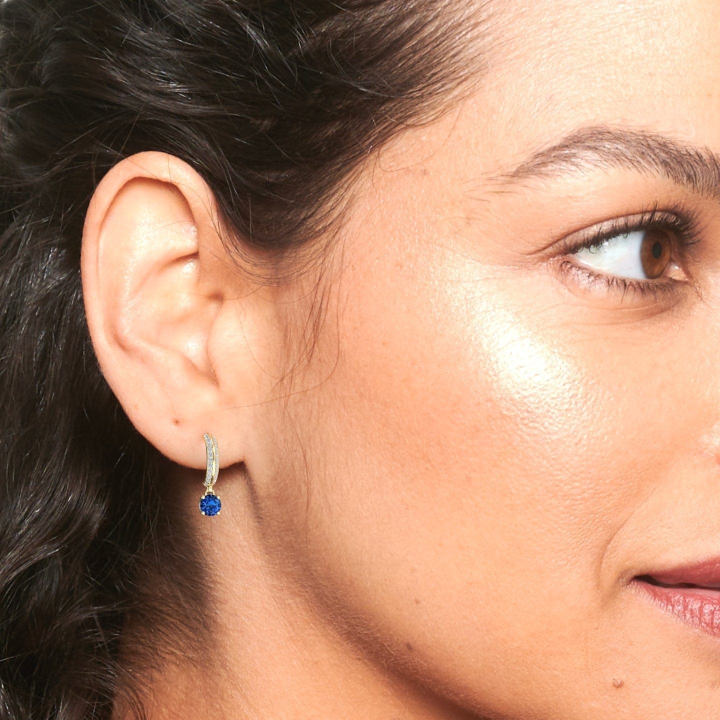 Blue Sapphire & Diamond Pave Drop Hoop Earrings - Serena
