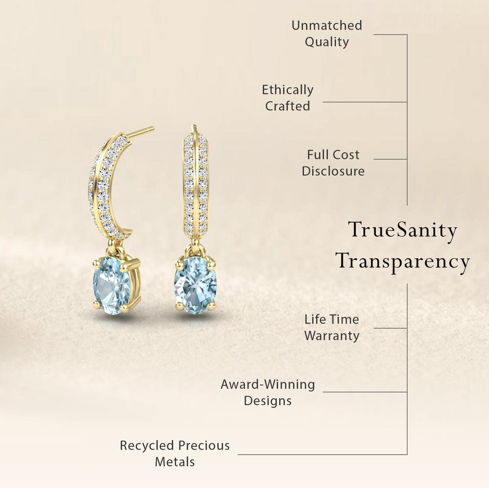 Oval aquamarine and diamond huggie drop earrings, view 6
