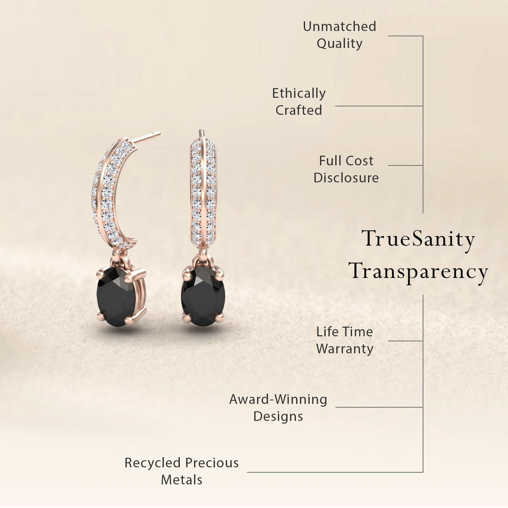 Oval black and white diamond huggie drop earrings, view 6
