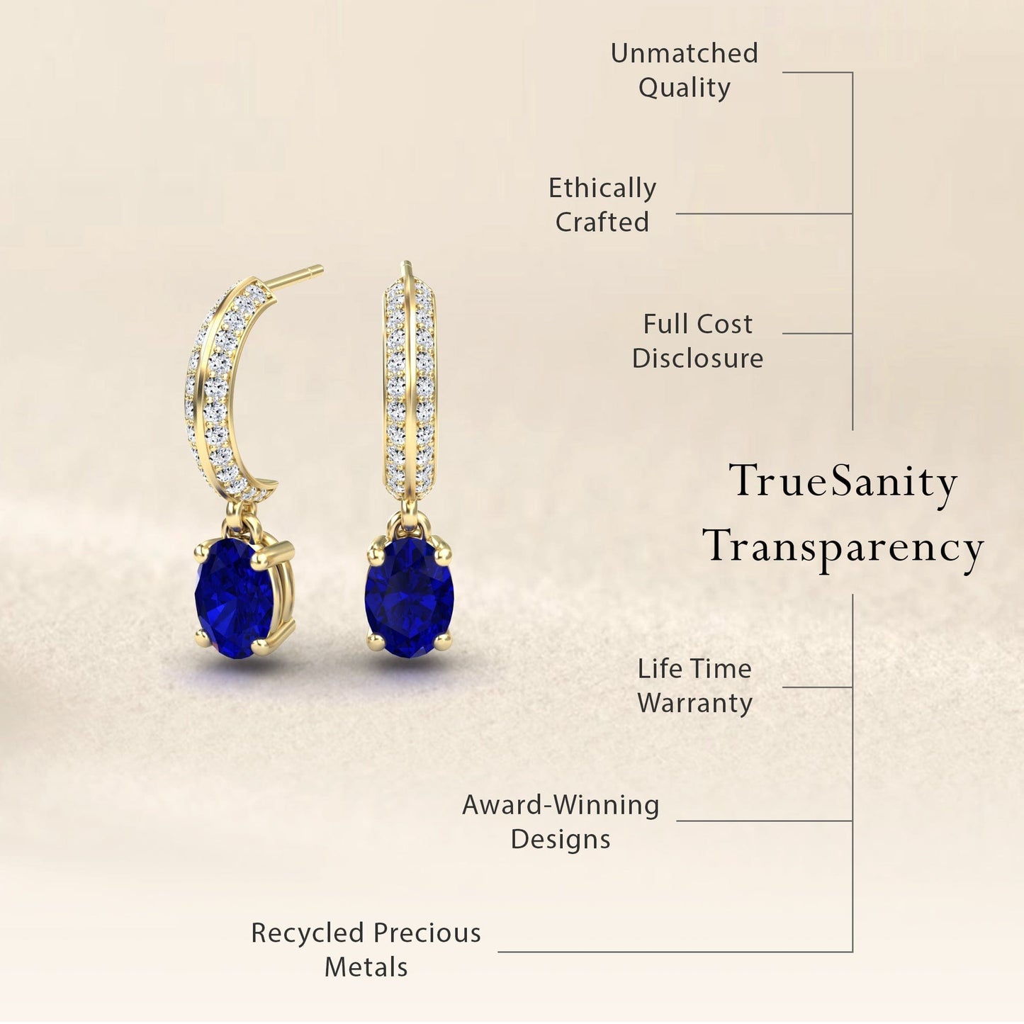 Blue Sapphire & Diamond Huggie Drop Earrings - Serena: Gold earrings with blue sapphires and diamonds, showcasing unmatched quality, ethical crafting, full cost disclosure, recycled metals, and a lifetime warranty.