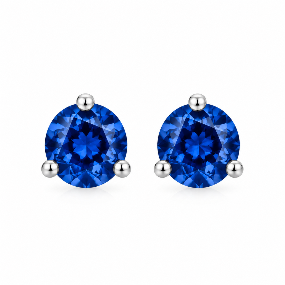 Blue Sapphire 3 Prong Silver Stud Earrings - Clara