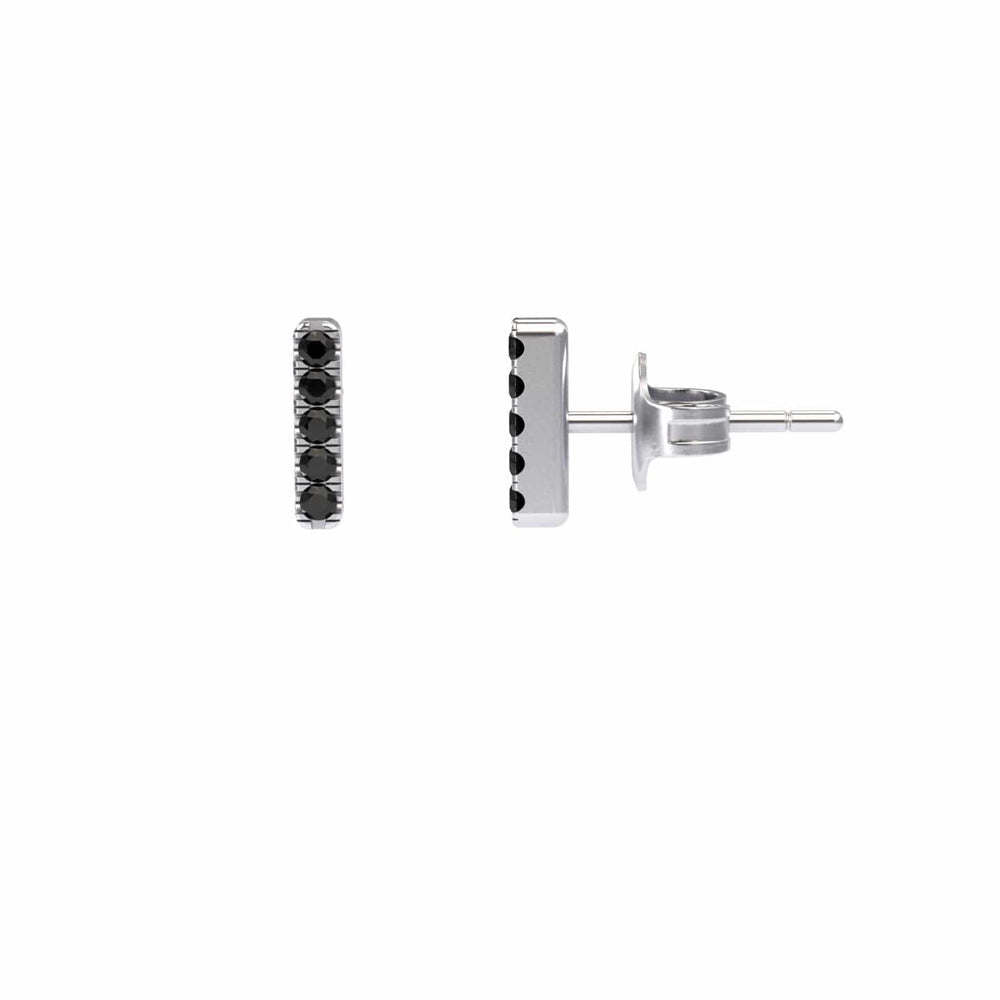 Round black diamond vertical bar stud earrings in 18k white gold, view 2