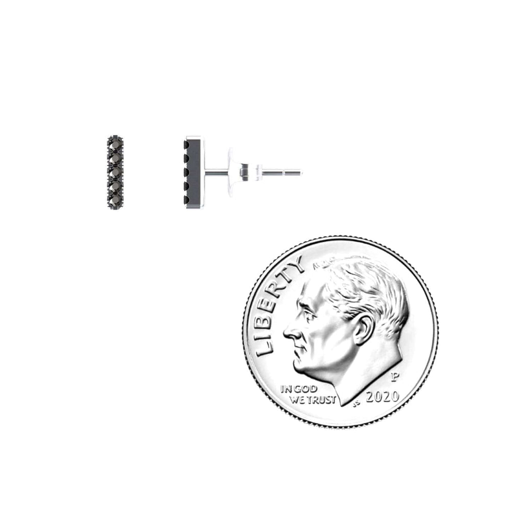 Round black diamond vertical bar stud earrings in 18k white gold, view 3