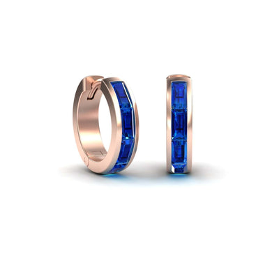 Lab Grown Blue Sapphire Channel-Set Baguette Hoop Earrings