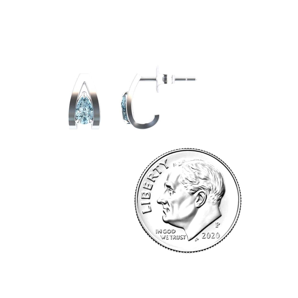 Pear aquamarine huggie earrings in 14k white gold, view 3