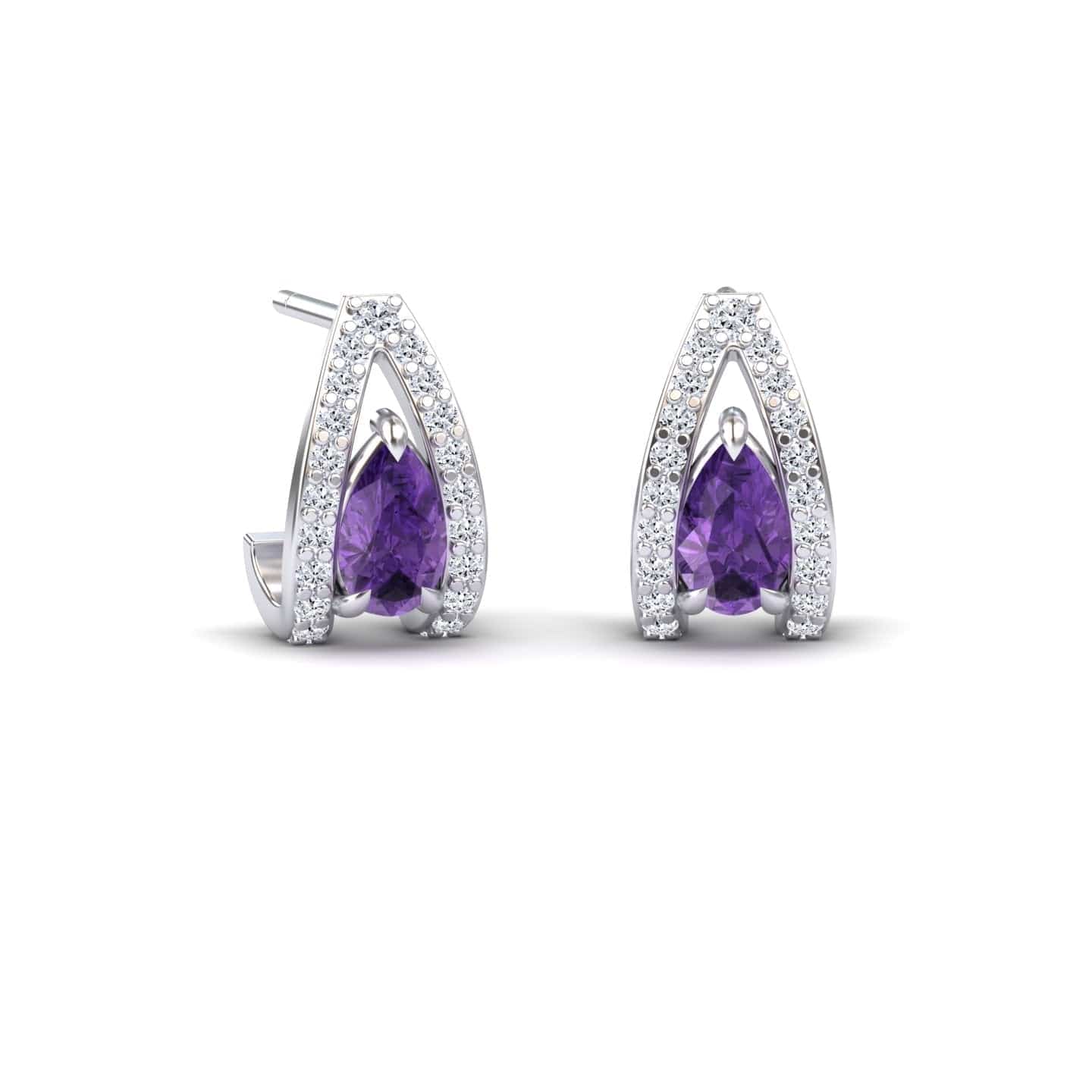 The Amethyst & Diamond Halo Huggie Earrings - Zahra feature teardrop-shaped amethysts at the center, surrounded by a sparkling diamond halo in an elegant open arch design.