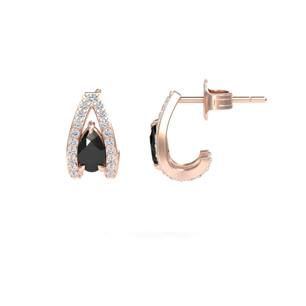 Pear black and white diamond halo huggie earrings in 14k rose gold, view 2