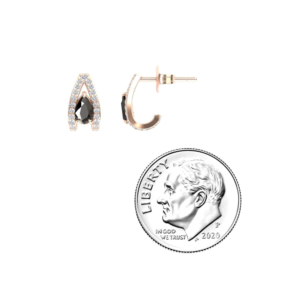 Pear black and white diamond halo huggie earrings in 14k rose gold, view 3