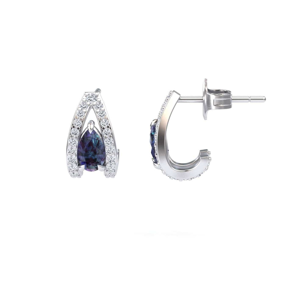 Pear lab-grown alexandrite and diamond halo huggie earrings in 14k white gold, view 2