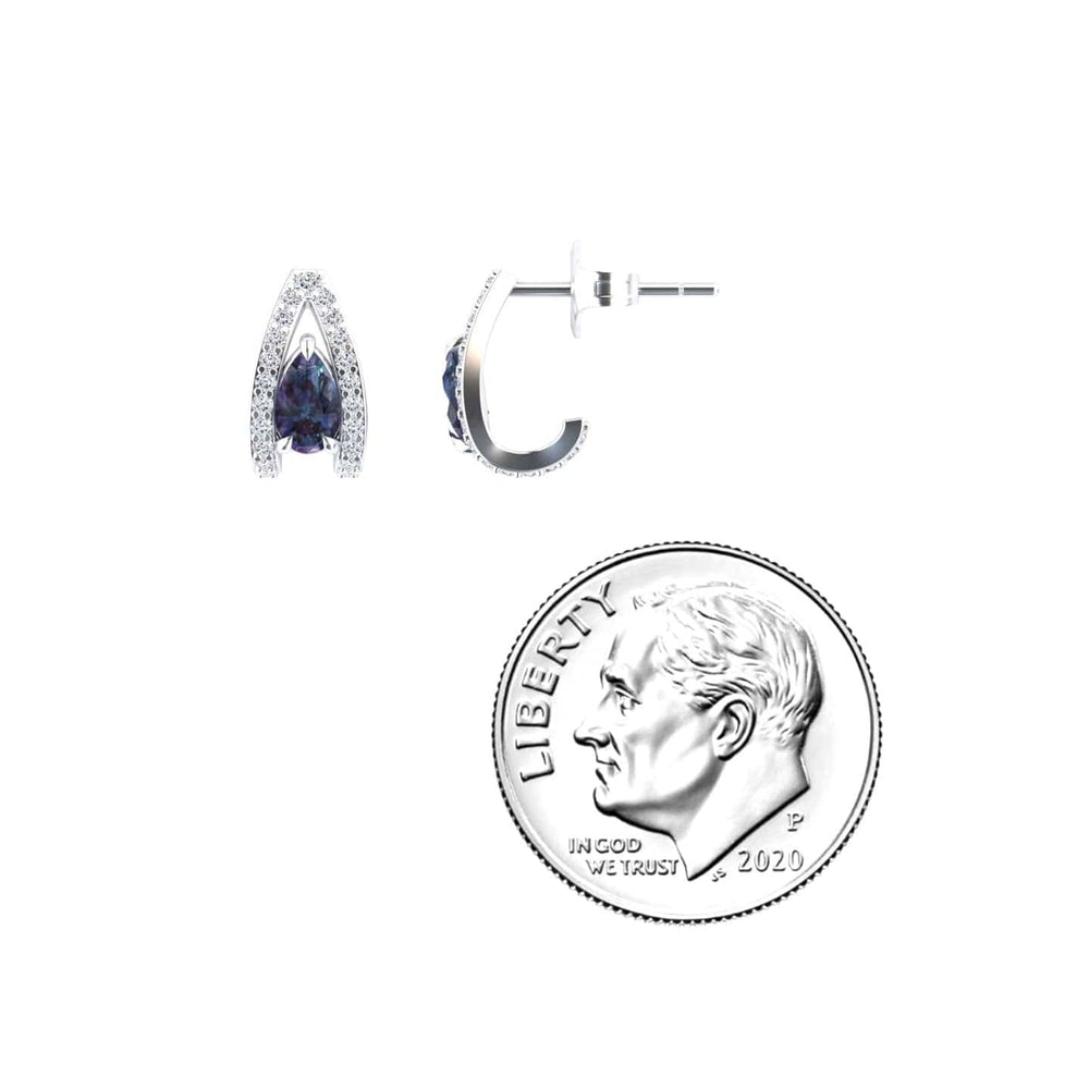 Pear lab-grown alexandrite and diamond halo huggie earrings in 14k white gold, view 3