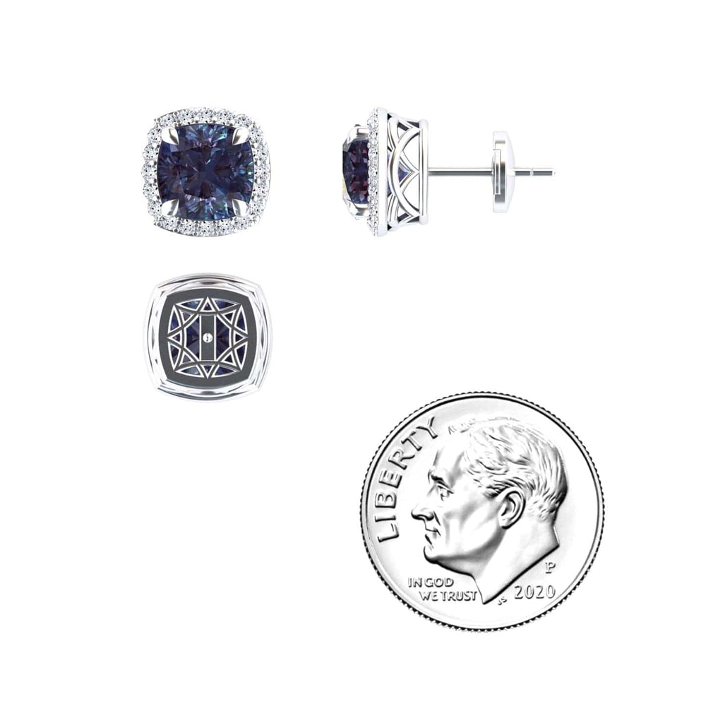 Cushion lab-grown alexandrite and diamond halo earrings in 14k white gold, view 3