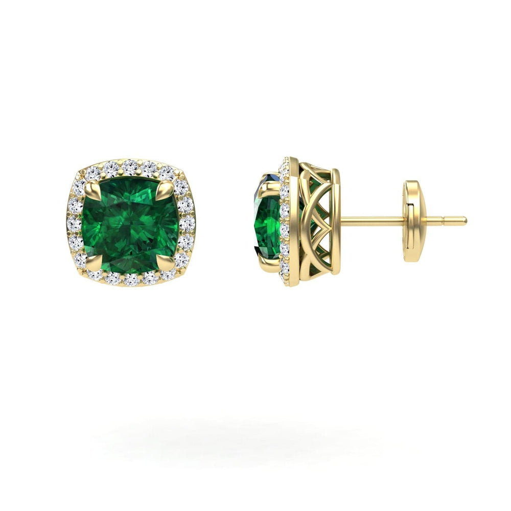 Cushion lab-grown emerald and diamond halo earrings in 14k yellow gold, view 2