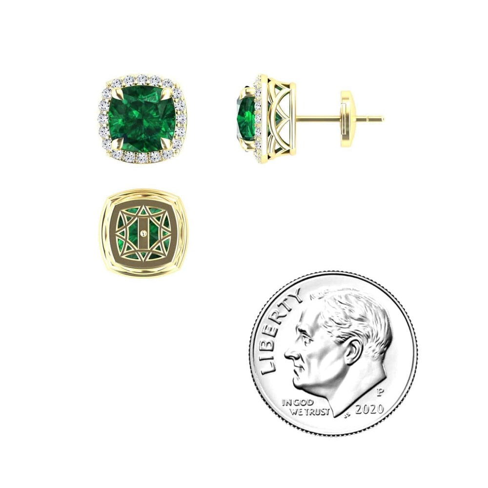 Cushion lab-grown emerald and diamond halo earrings in 14k yellow gold, view 3
