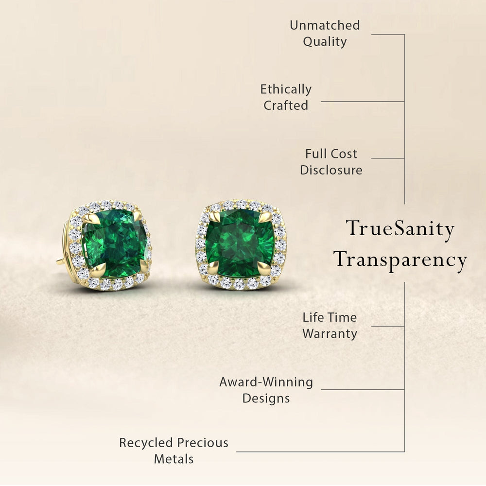 Cushion lab-grown emerald and diamond halo earrings, view 4