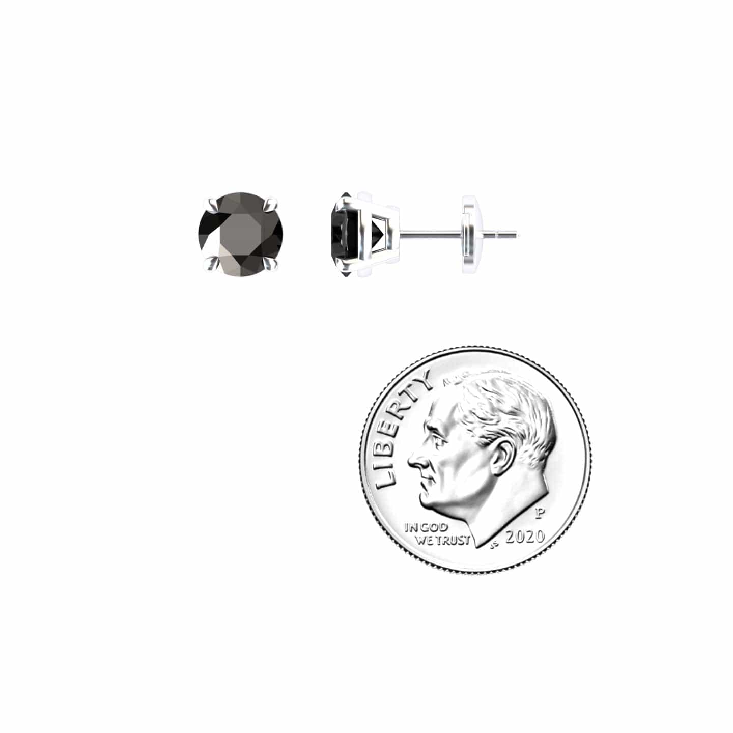 The Black Diamond Stud Earrings - Gauri are shown with a silver backing next to a 2020 U.S. dime for size comparison, all displayed on a white background.