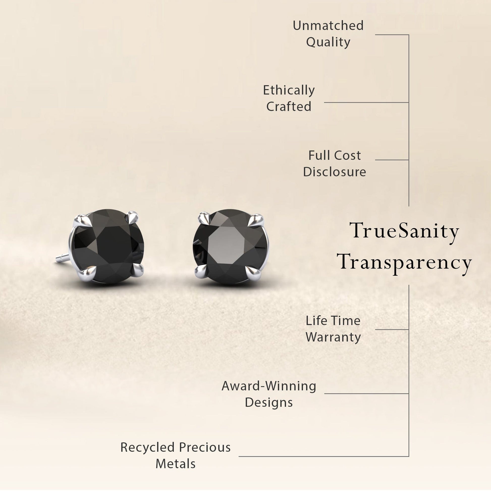 Black Diamond Stud Earrings - Gauri: Round black studs with silver prongs on beige background, featuring unmatched quality, ethical crafting, transparent pricing, lifetime warranty, award-winning design, and recycled metals.