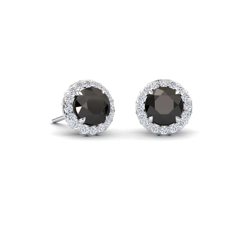 Round black and white diamond halo earrings in 18k white gold