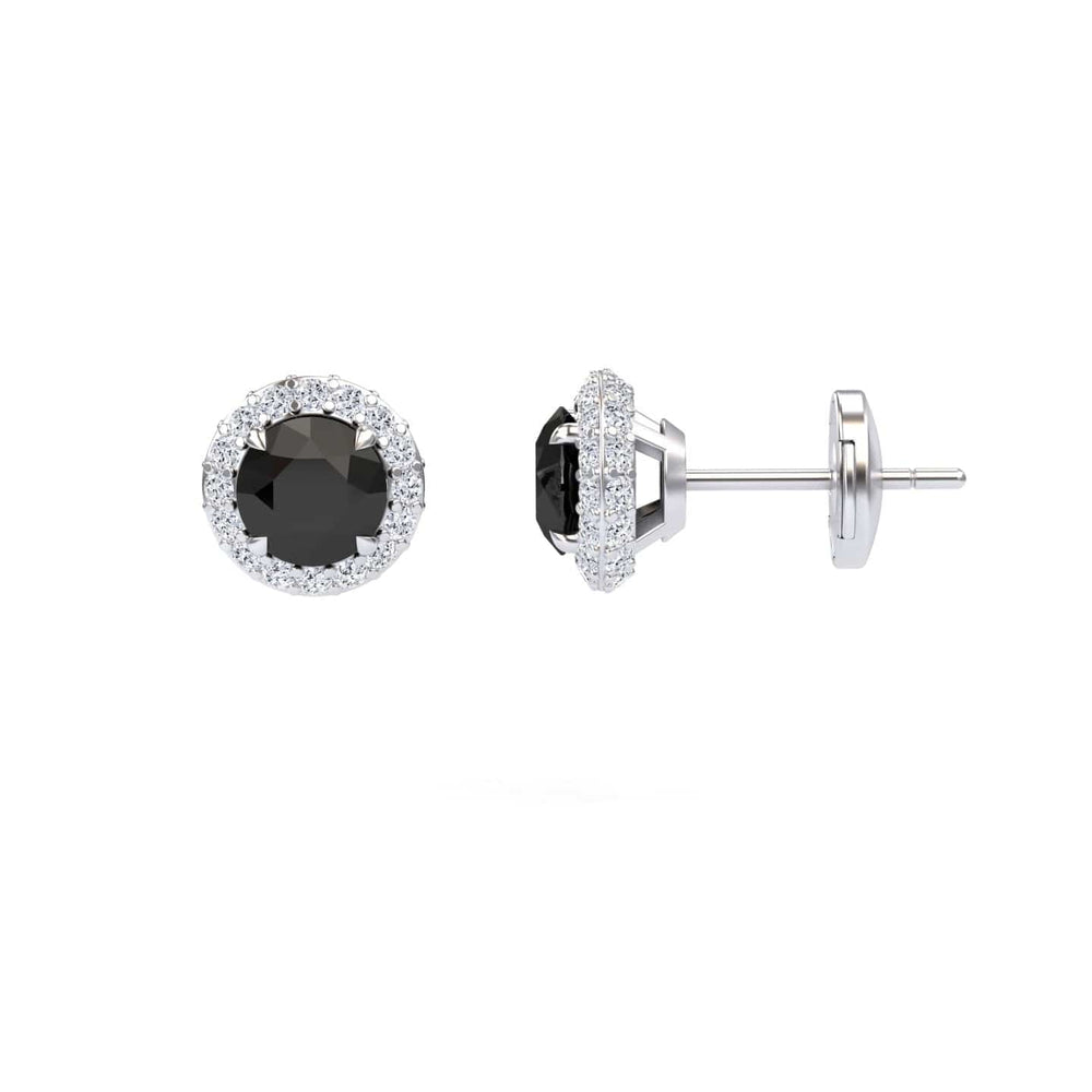 Round black and white diamond halo earrings in 18k white gold, view 2