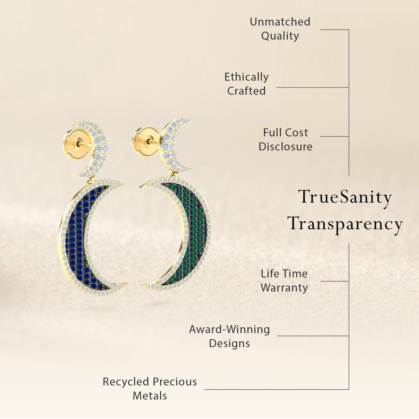 Blue Sapphire & Emerald Crescent Moon Diamond Drop Earrings - Kailani