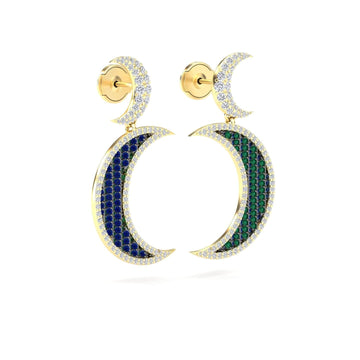 Blue Sapphire & Emerald Crescent Moon Diamond Drop Earrings - Kailani