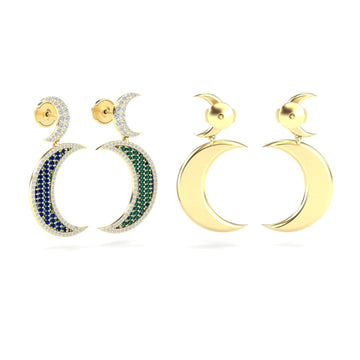 Blue Sapphire & Emerald Crescent Moon Diamond Drop Earrings - Kailani