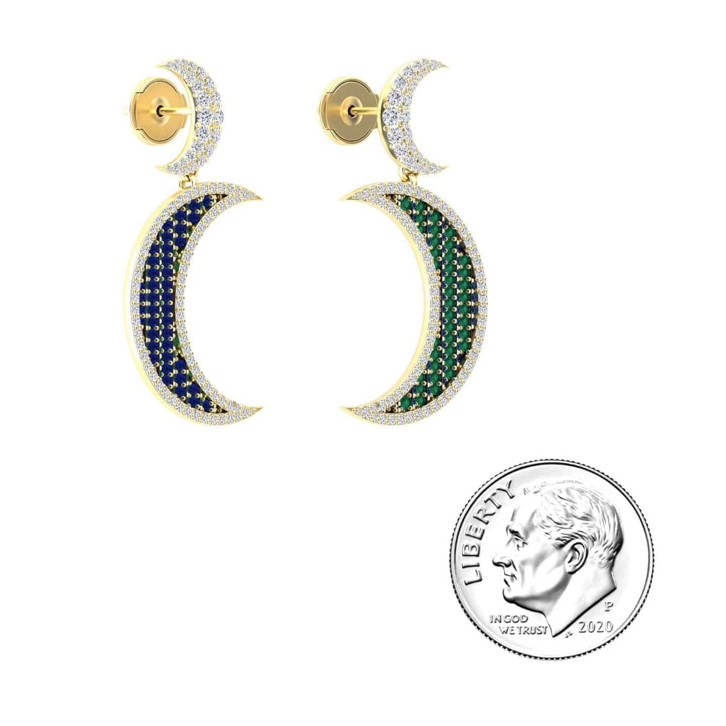 Blue Sapphire & Emerald Crescent Moon Diamond Drop Earrings - Kailani