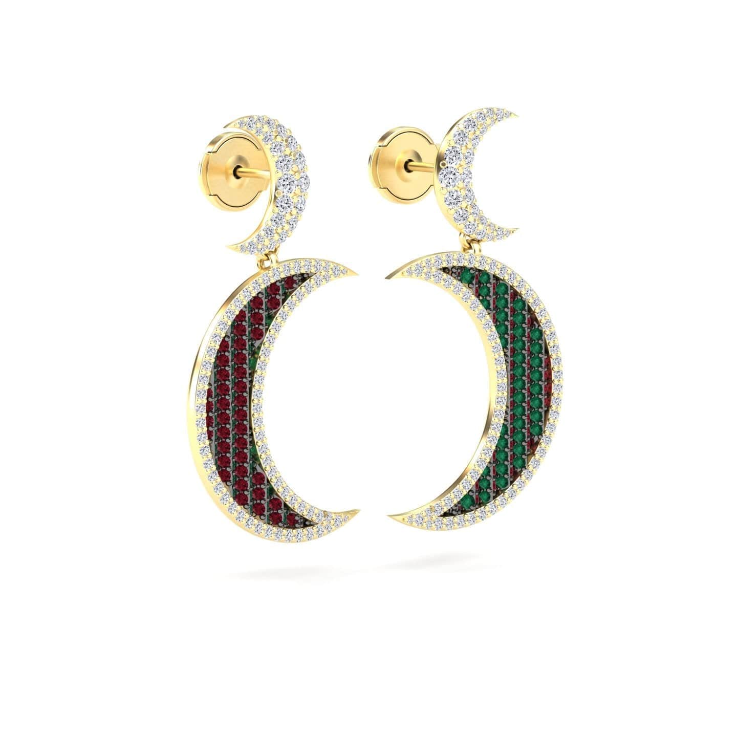 Ruby & Emerald Crescent Moon Diamond Drop Earrings - Kailani