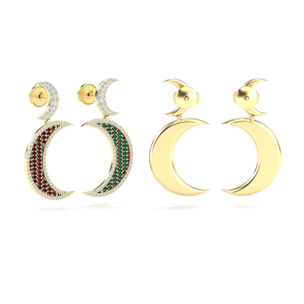 Ruby & Emerald Crescent Moon Diamond Drop Earrings - Kailani