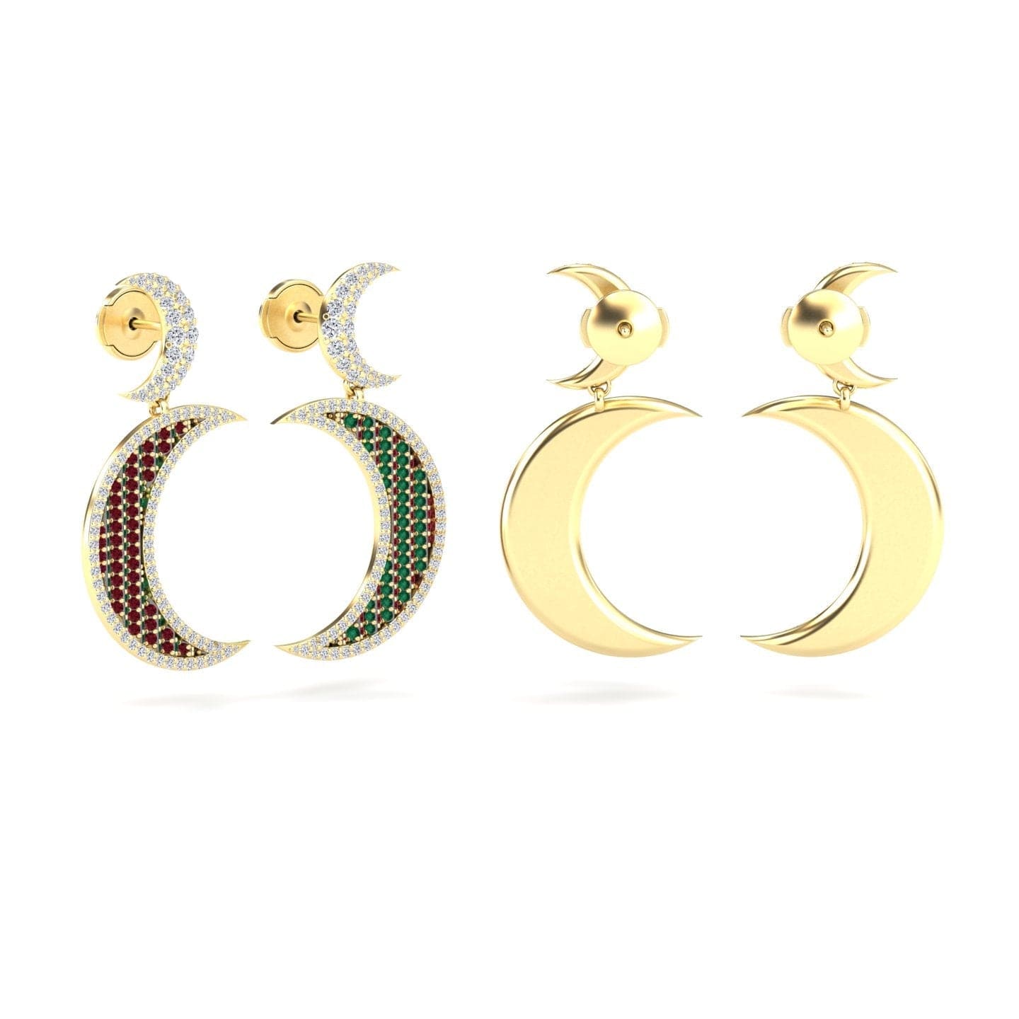 Ruby & Emerald Crescent Moon Diamond Drop Earrings - Kailani