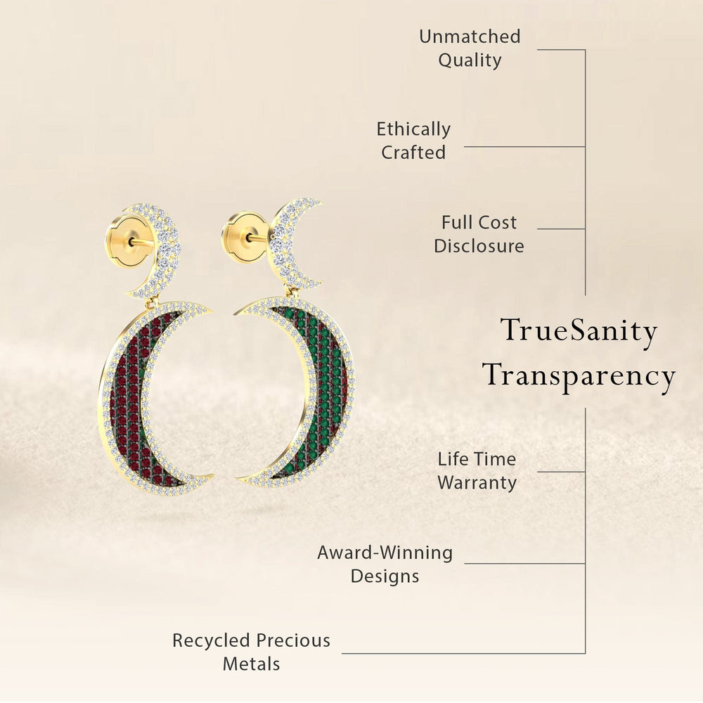 Ruby & Emerald Crescent Moon Diamond Drop Earrings - Kailani