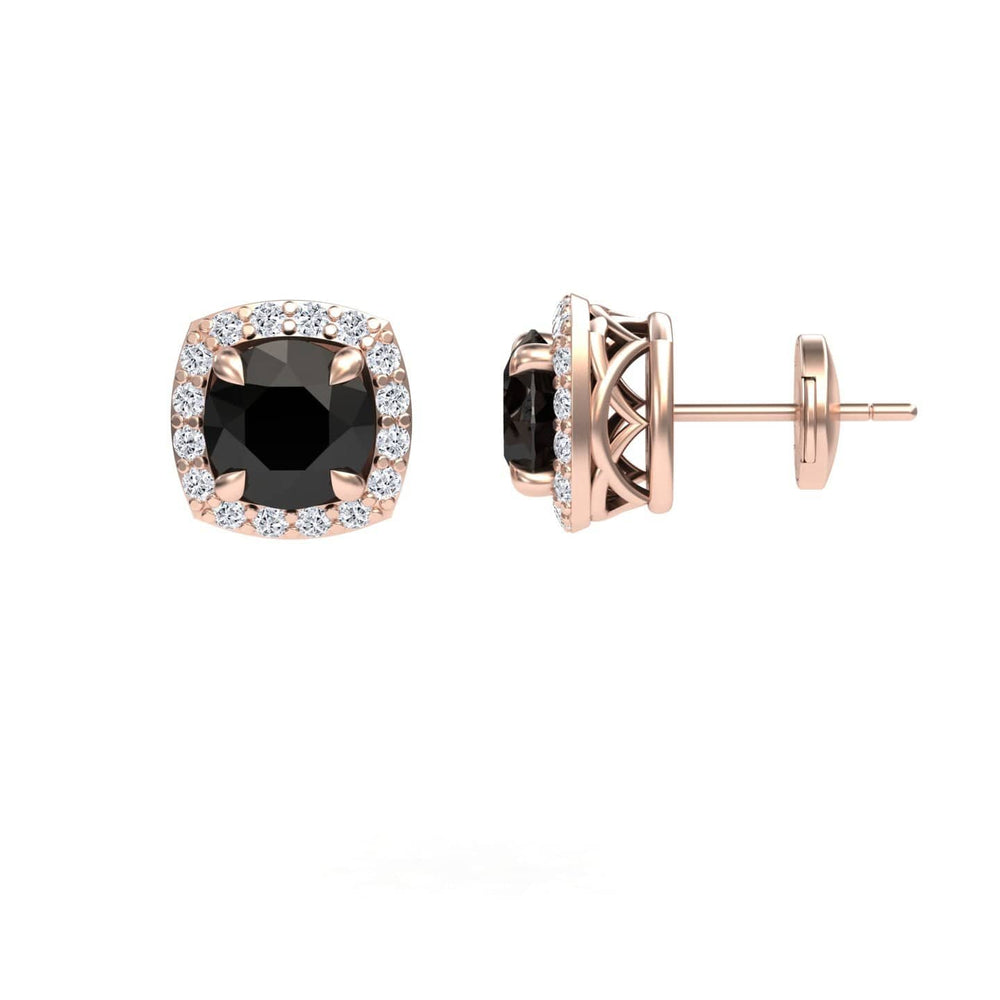 Round black and white diamond halo stud earrings in 14k rose gold, view 2