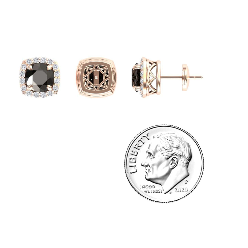 Round black and white diamond halo stud earrings in 14k rose gold, view 3
