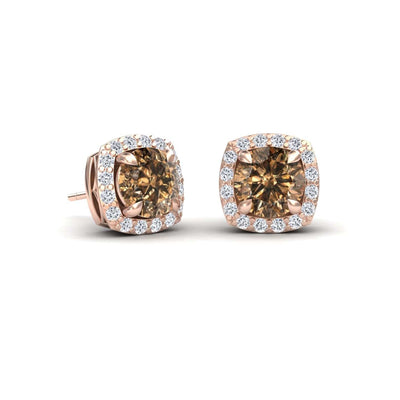 Brown & White Diamond Halo Stud Earrings