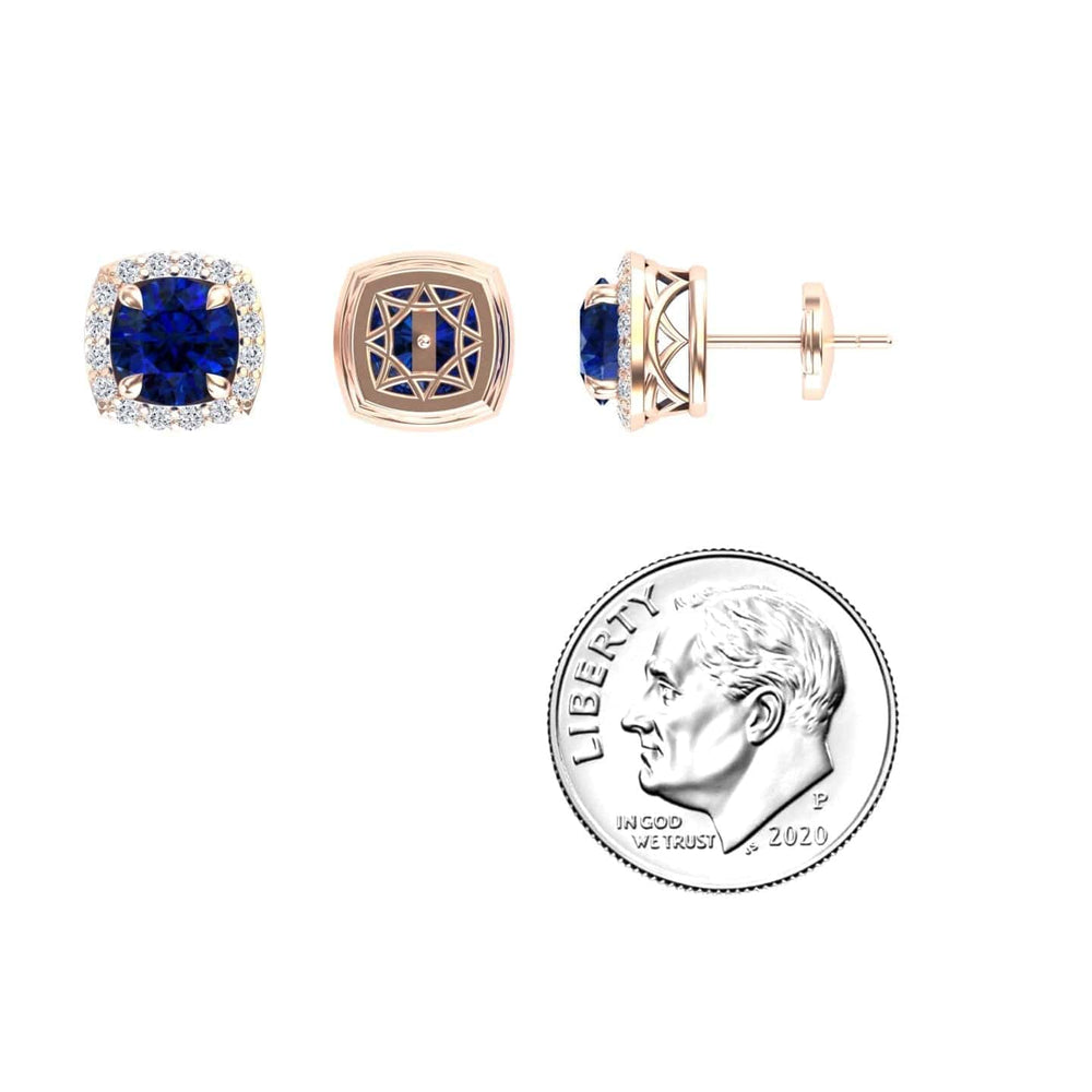 Blue Sapphire & Diamond Halo Stud Earrings - Maggie