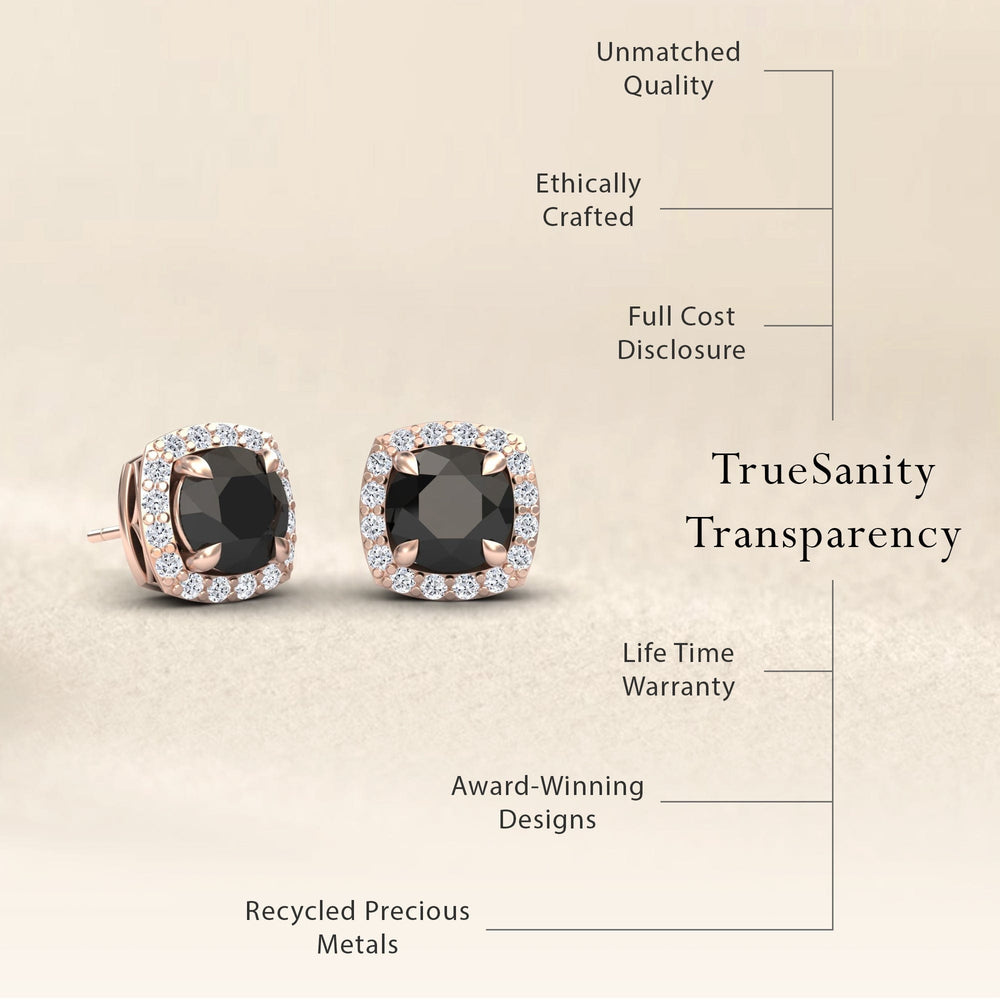 Round black and white diamond halo stud earrings, view 4