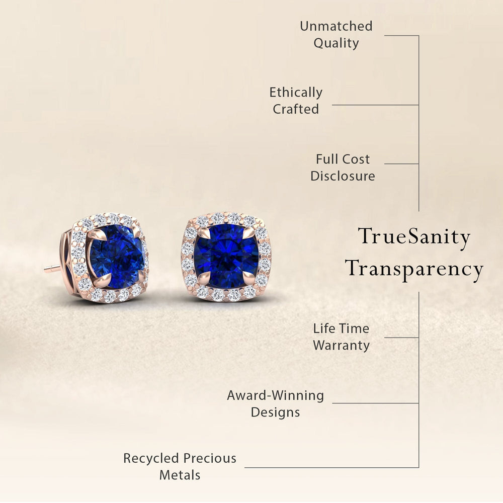 Blue Sapphire & Diamond Halo Stud Earrings - Maggie