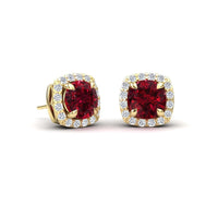 Ruby & White Diamond Halo Stud Earrings - Maggie
