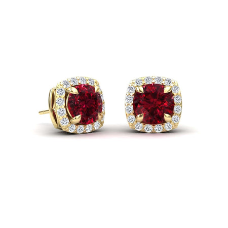 Ruby & White Diamond Halo Stud Earrings - Maggie