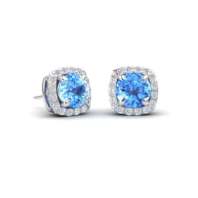 Swiss Blue Topaz & Diamond Halo Stud Earrings