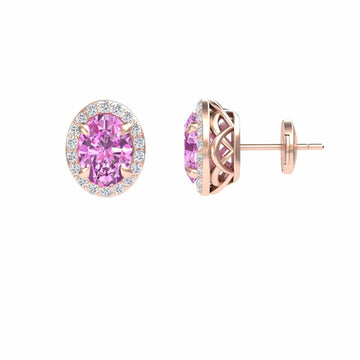 Lab Grown Pink Sapphire & Diamond Halo Stud Earrings - Nalini