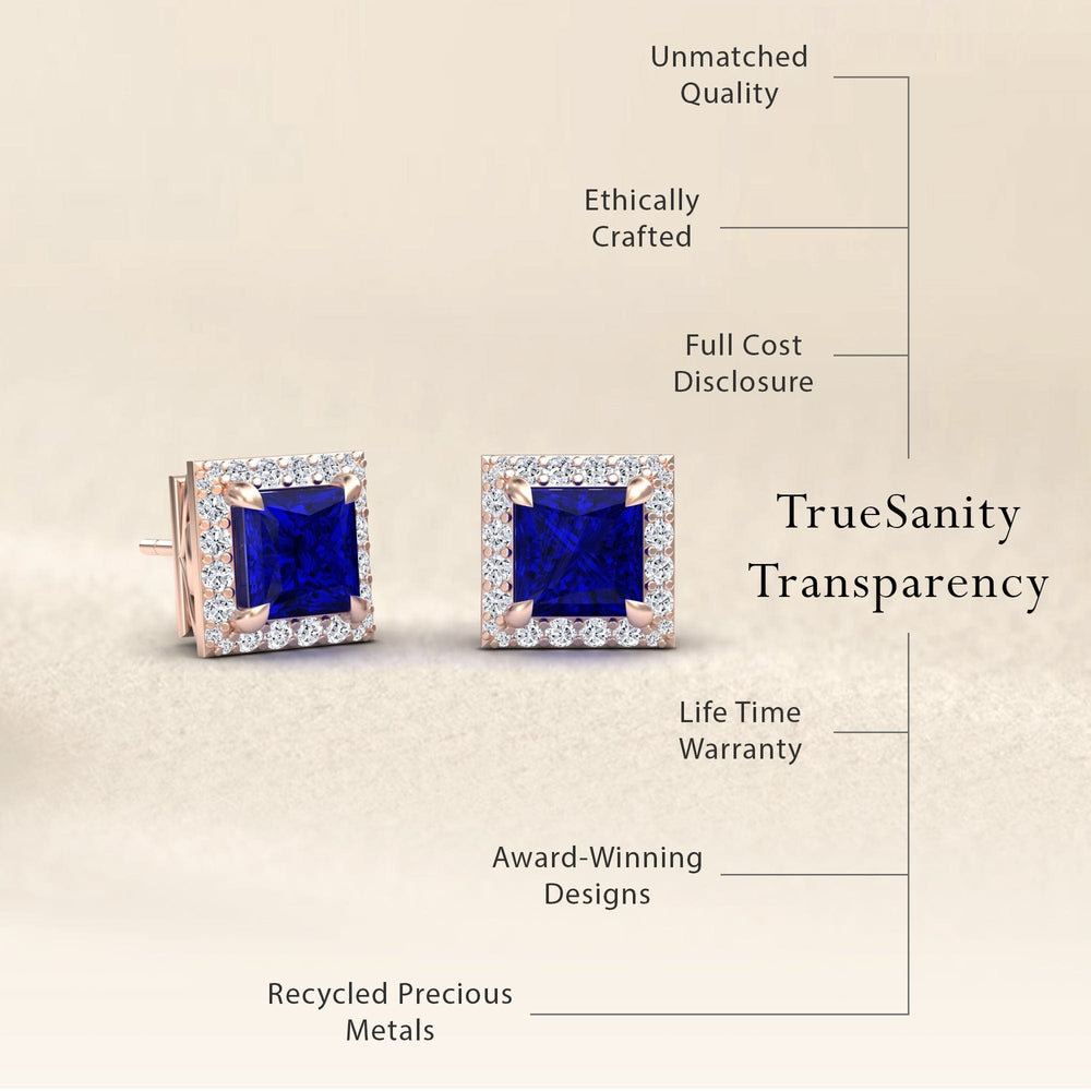 Lab Grown Blue Sapphire & Diamond Halo Earrings - Paige