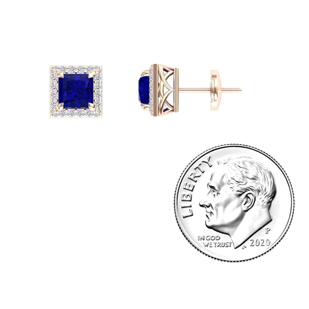 Lab Grown Blue Sapphire & Diamond Halo Earrings - Paige