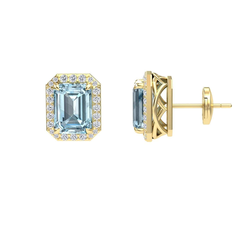 Emerald-cut aquamarine and diamond halo stud earrings in 14k yellow gold, view 2