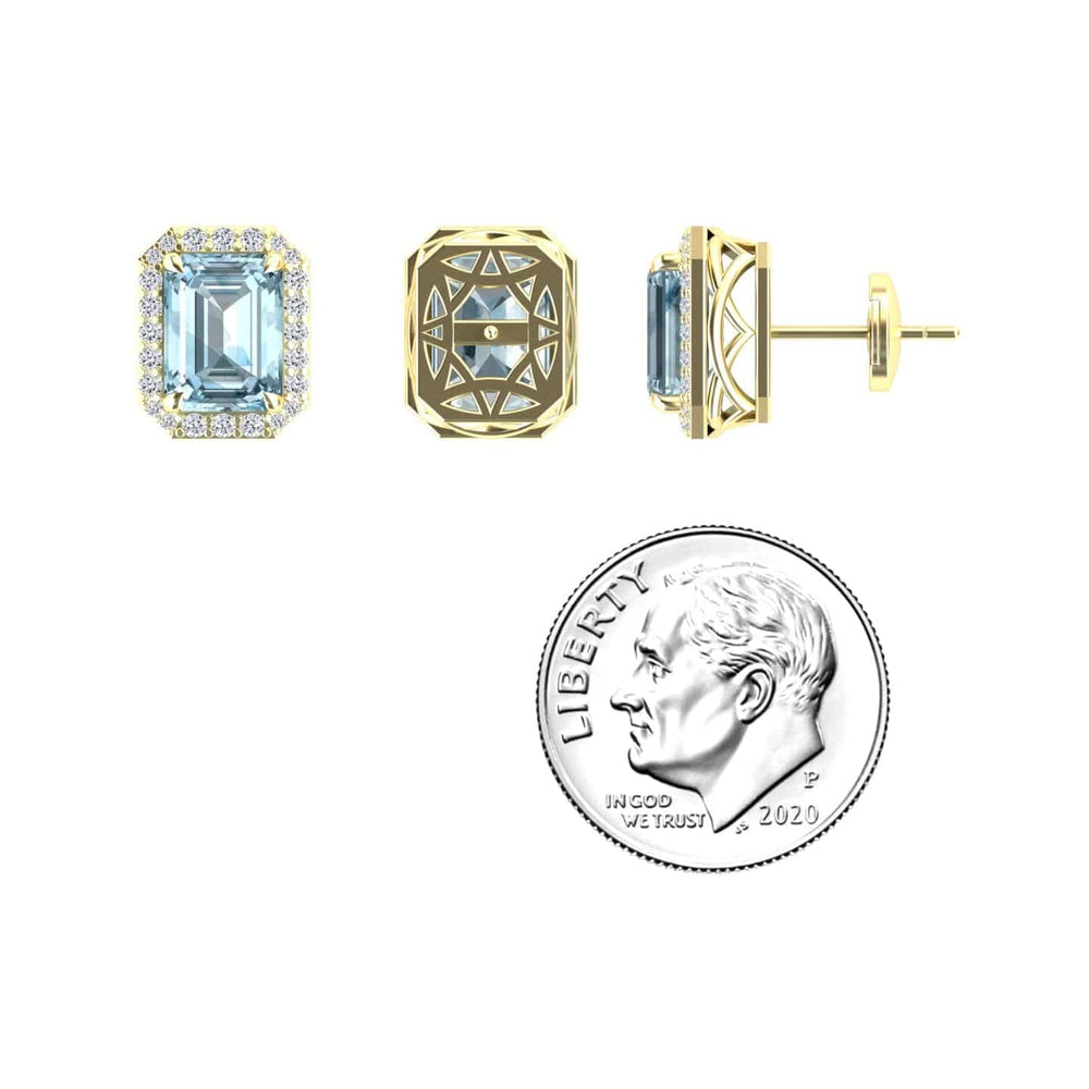 Emerald-cut aquamarine and diamond halo stud earrings in 14k yellow gold, view 3